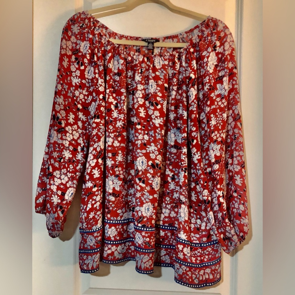 Chaps Red Floral Off-Shoulder Tunic